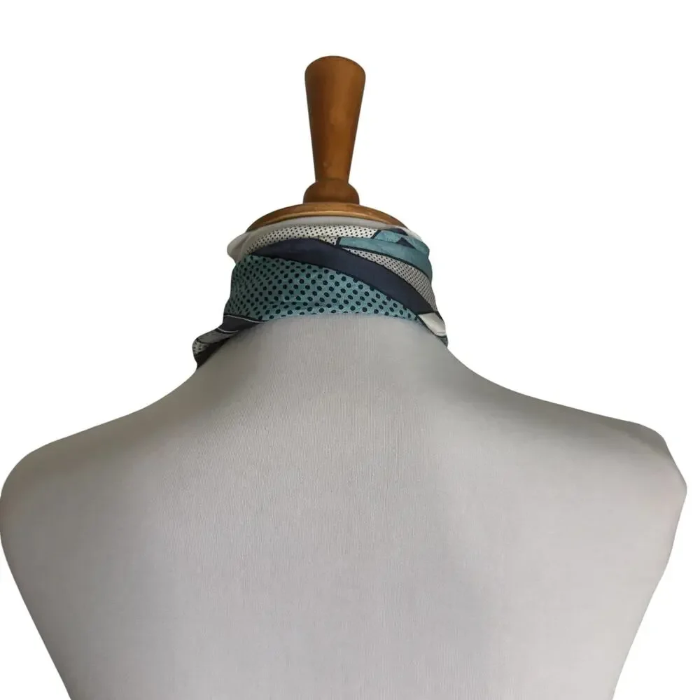 Vintage Silk Scarf Aqua Navy Geometric Polka Dot Square Neck Hair Scarf